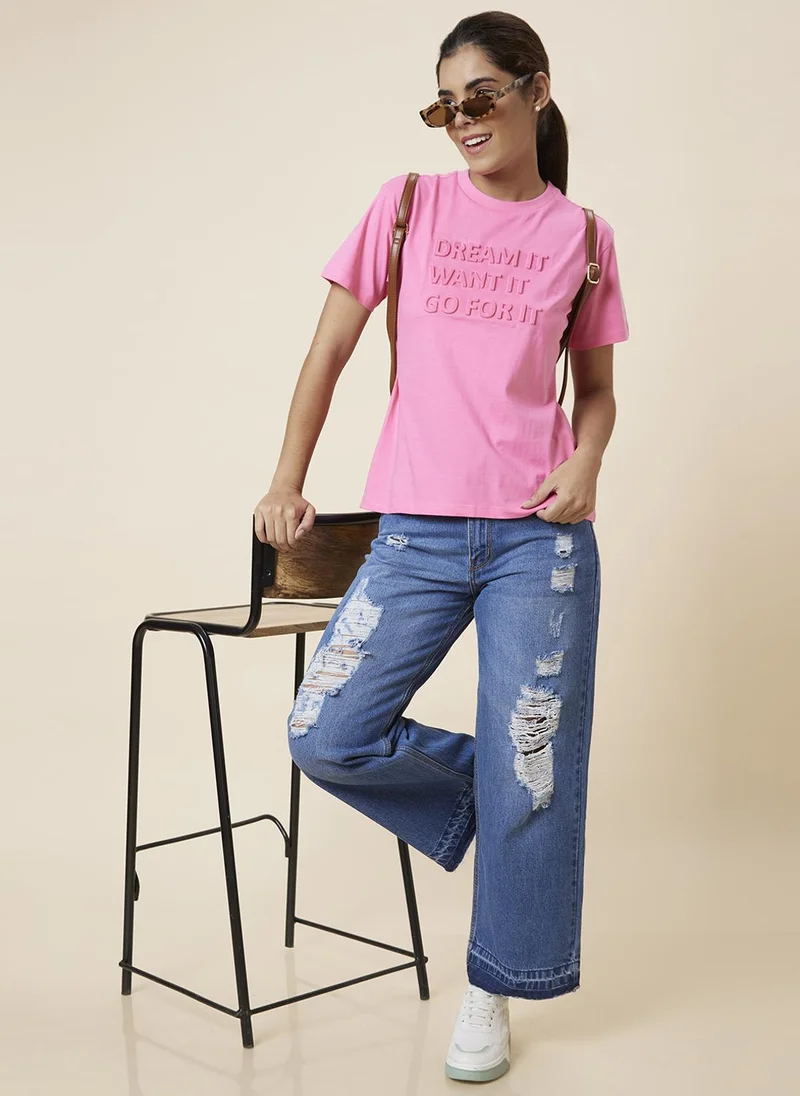 جلو باص Globus Women Pink Embossed Typography Printed Drop-Shoulder Pure Cotton Boxy T-Shirt